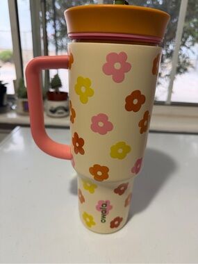 OWLA Kids Floral Travel Mug - Cream with Pink, Yellow & Orange Flowers